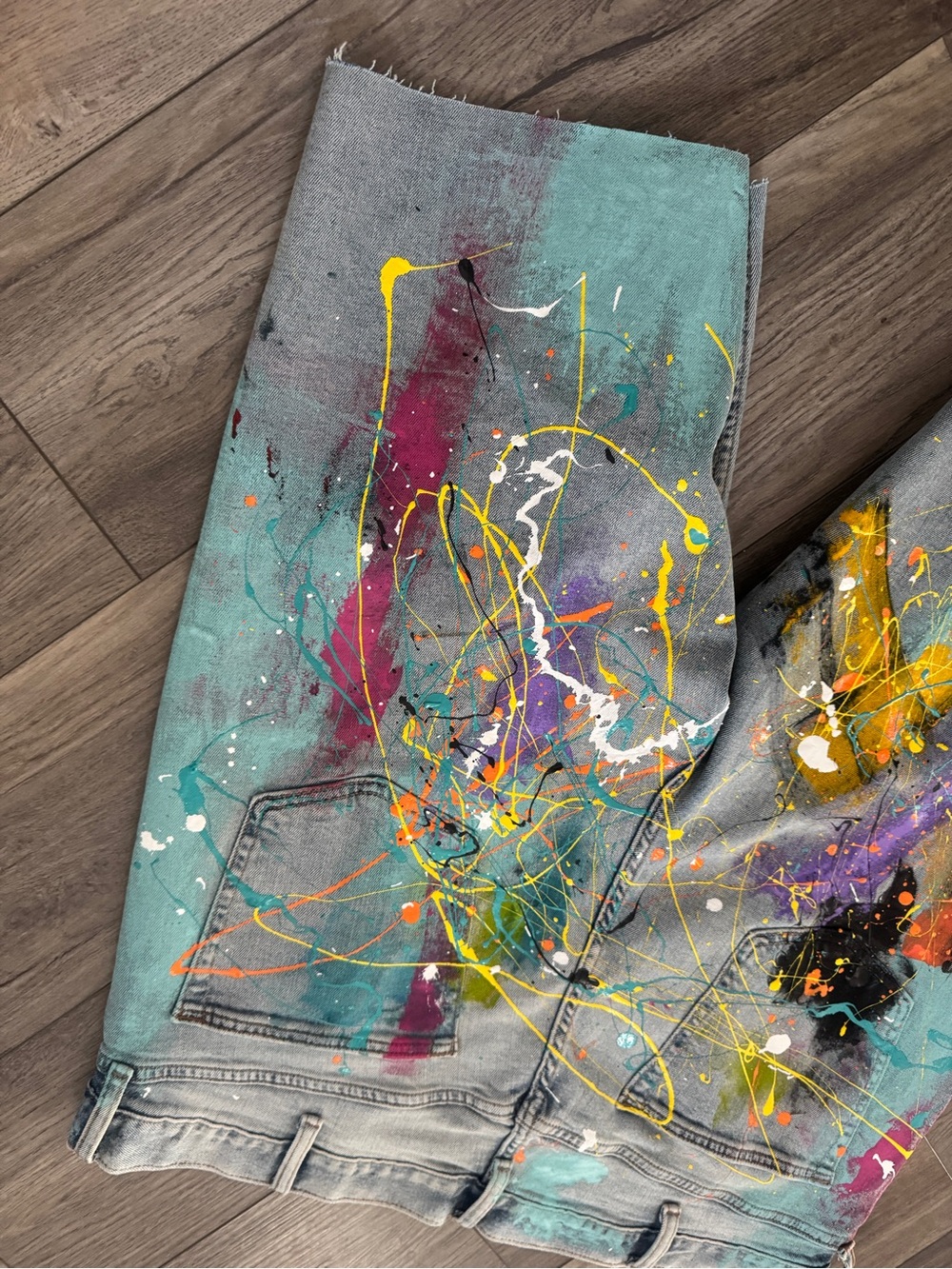 Old Navy Hand Painted Denim Jorts Splatter Vibrant Abstract Shorts 40 x 12 - Picture 8 of 12